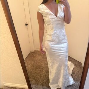 White Satin Jacquard Backless Mermaid Maxi Wedding Dress Unaltered